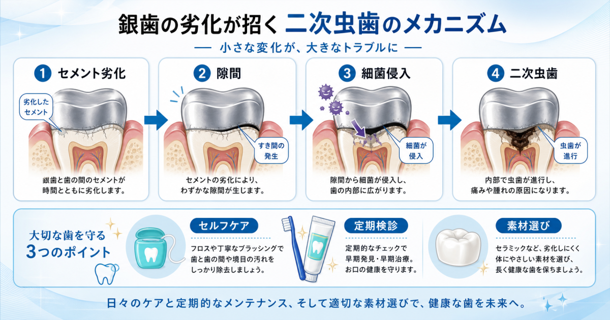 銀歯がまた虫歯に？二次虫歯の原因と再発を防ぐセルフケア・素材選び