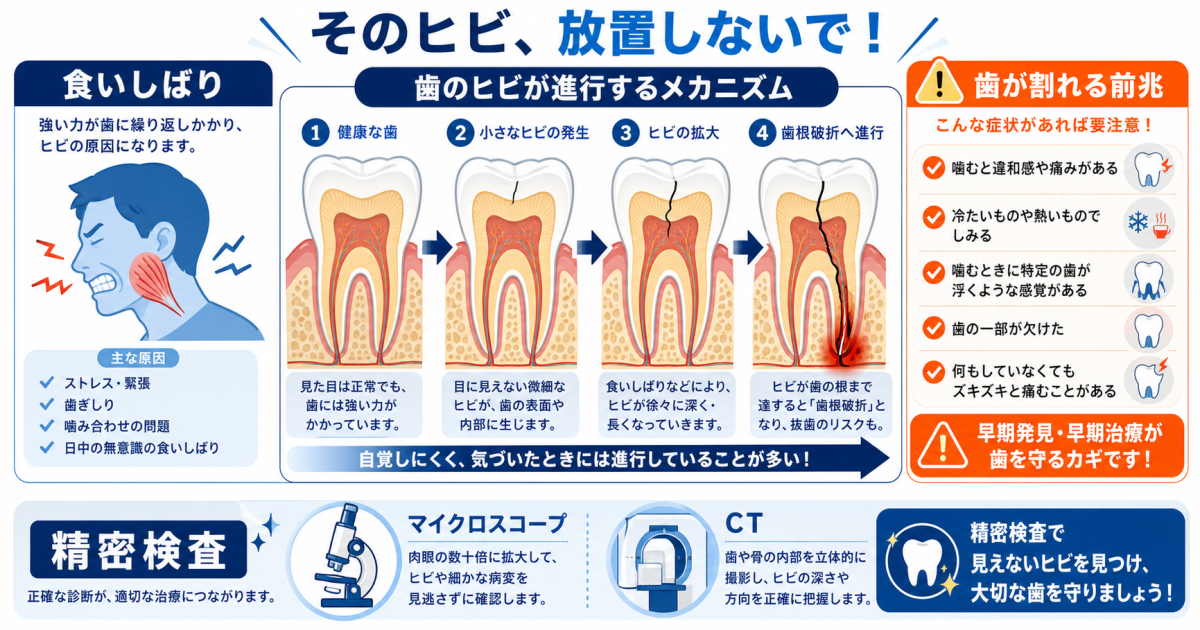 奥歯のヒビは危険?食いしばり放置で歯が割れる前兆と精密検査