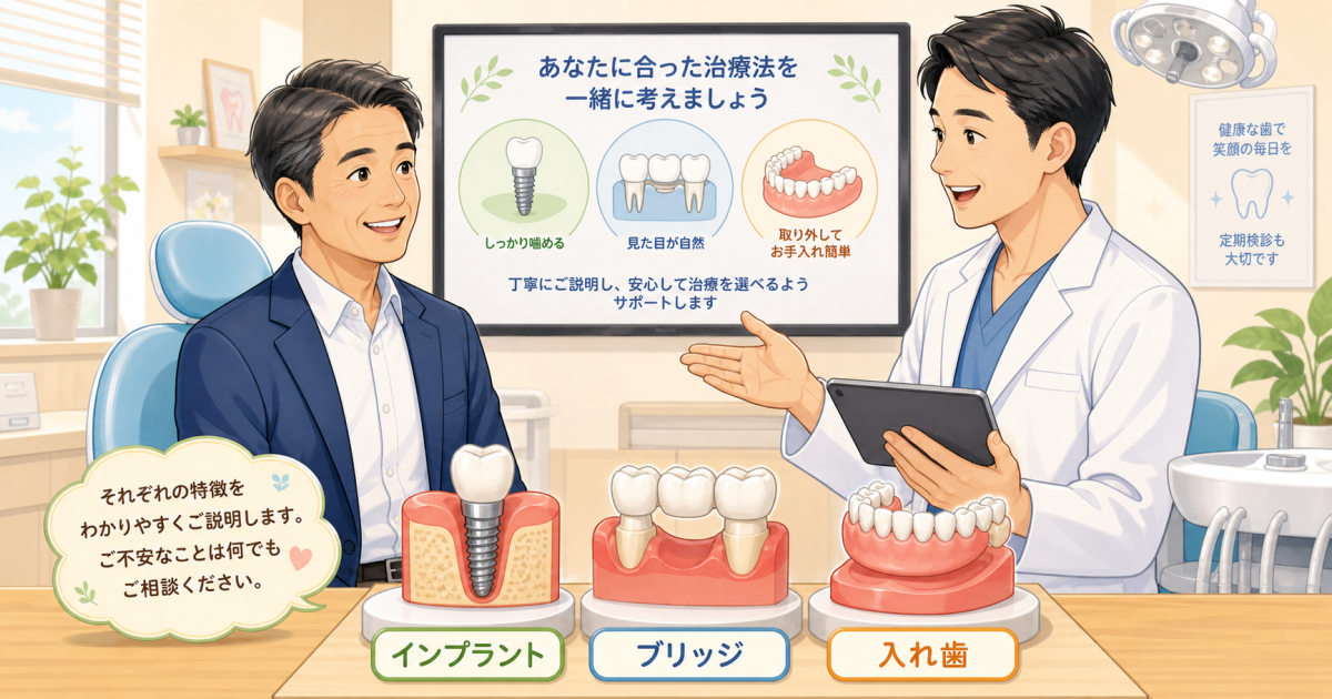 奥歯抜歯後の選択肢｜費用・寿命・通院期間で比較する3つの治療法