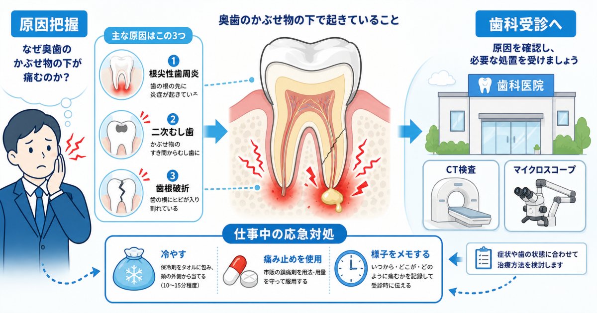 神経を抜いたかぶせ物の歯が急に痛い!根の原因と仕事中にできる応急処置