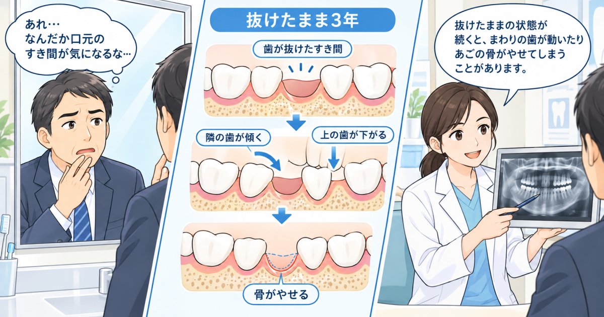 歯が抜けたまま3年放置、骨や噛み合わせは今どうなっている?